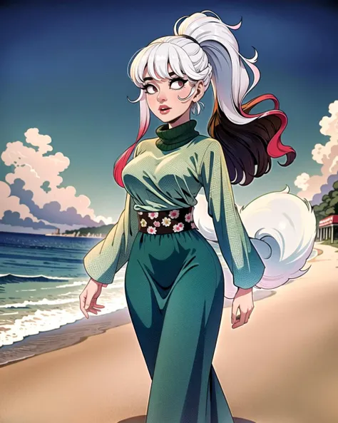 ((masterpiece), best quality, high quality, professional quality , highly detailed, highres, perfect lighting, natural lighting),, (1girl, beautiful, medium breasts, (multicolored hair, green hair,white hair,brown hair, long hair, high ponytail), perfecteyes eyes), (wearing dalmation print|pastel print, extremelyBeautiful_beautifulclotheswild/Extremely beautiful clothes), on the beach, walking the boardwalk, <lyco:locon_perfecteyes_v1_from_v1_64_32:0.6>