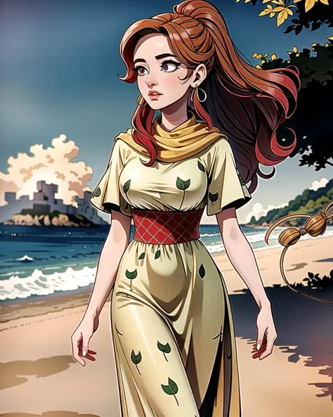 ((masterpiece), best quality, high quality, professional quality , highly detailed, highres, perfect lighting, natural lighting),, (1girl, beautiful, medium breasts, (multicolored hair, red hair,blonde hair,brown hair, long hair, high ponytail), perfecteyes eyes), (wearing giraffe print|leaf print, extremelyBeautiful_beautifulclotheswild/Extremely beautiful clothes), on the beach, walking the boardwalk, <lyco:locon_perfecteyes_v1_from_v1_64_32:0.6>