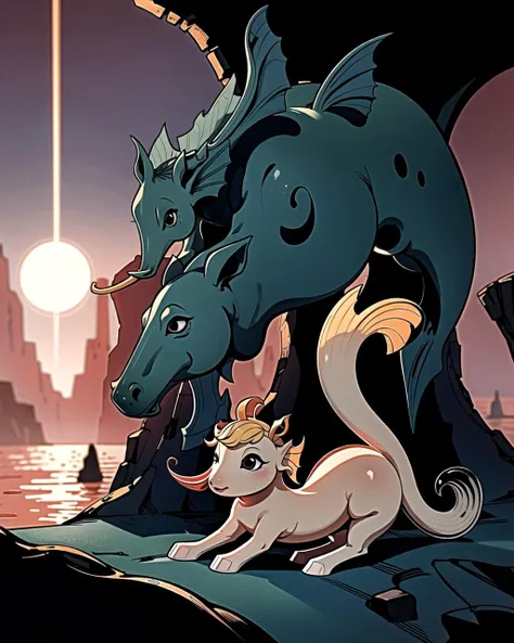 ((masterpiece), best quality, high quality, professional quality , highly detailed, highres, perfect lighting, natural lighting), divine, Endearing, miniature hippocampi with seahorse-like bodies and playful fins, with a sunrise in the background