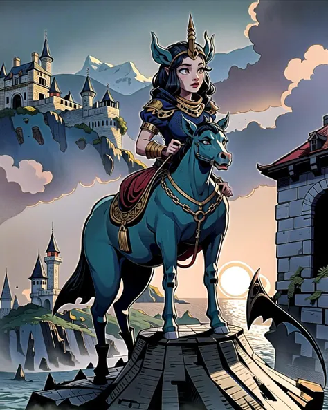 ((masterpiece), best quality, high quality, professional quality , highly detailed, highres, perfect lighting, natural lighting), elysian stone concentric castle, granite battlements, gargoyle, sphinx, centaur, a dramatic cliffside overlooking the ocean