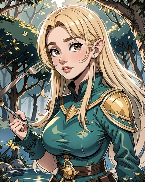 ((masterpiece), best quality, high quality, professional quality, highly detailed, highres, perfect lighting, natural lighting), Knight, Prodigy, Average Height, Lean, Round Face, Dark Skin, Golden Blonde Hair, brown Eyes, Narrow Nose, Pouty Lips, Receding Chin, French Fork, Very Long, Dreadlocks, A lush elven forest, filled with towering trees and sparkling streams