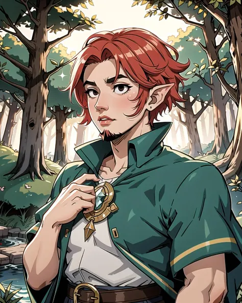 ((masterpiece), best quality, high quality, professional quality, highly detailed, highres, perfect lighting, natural lighting), Wizard, Hero, Short, In Shape, Diamond-Shaped Face, Fair Skin, Red Hair, black Eyes, Narrow Nose, Pouty Lips, Prominent Chin, Circle Beard, Crew Cut, Spiky, A lush elven forest, filled with towering trees and sparkling streams