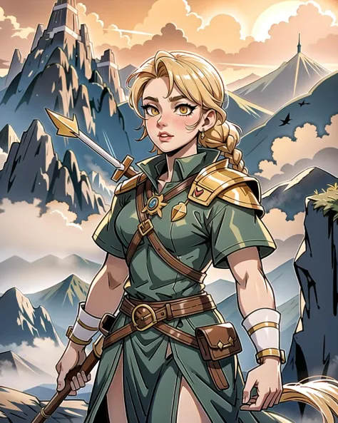 ((masterpiece), best quality, high quality, professional quality, highly detailed, highres, perfect lighting, natural lighting), Ranger Nocking an arrow and taking careful aim, Pharaoh, Average Height, Stocky, Round Face, Dark Skin, Golden Blonde Hair, amber Eyes, Short Nose, Pouty Lips, Round Chin, Verdi, Short, Braided, Misty mountains towering over a vast, misty valley