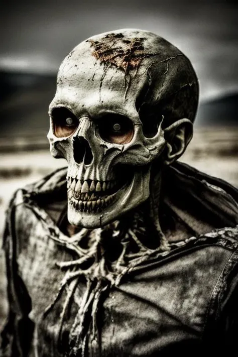 MODELSHOOT STYLE, ANALOG STYLE,wide shot, realistic, 8k resolution, hyperdetailed, highly detailed, real life, studio lighting, high quality, photo, wide landscape, bones out, rotten skull, full body, a demon from the nightmares screaming at the camera