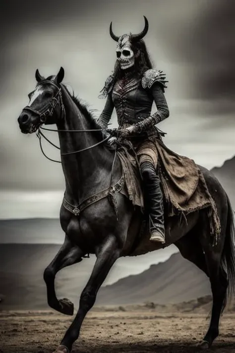 MODELSHOOT STYLE, ANALOG STYLE,wide shot, realistic, 8k resolution, hyperdetailed, highly detailed, real life, studio lighting, high quality, photo, wide landscape, bones out, rotten skull, full body, rotting female daemon queen in casual clothes, riding a battle horse from hell