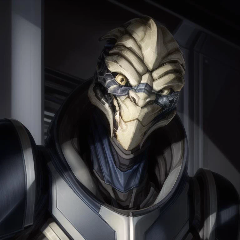 masterpiece, best quality, detailed, soft dim lighting, <lora:add_detail:1.0> add_detail,
<lora:turian:1.0> turian, dark blue armor, grey skin, yellow eyes, closed eyes, head up, open mouth, hands down out of frame,