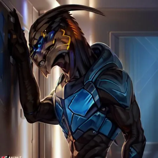 8k, ((masterpiece)),best quality, (max quality),high resolution,high details,max details,(detailed Chunie lighting),detailed face, <lora:Turian:1> a turian standing stoicly against a wall while smiling