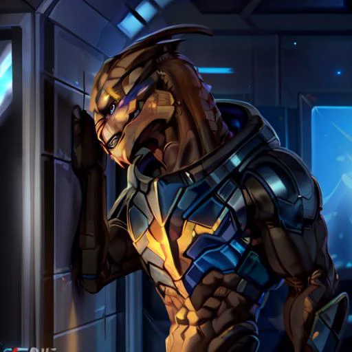 8k, ((masterpiece)),best quality, (max quality),high resolution,high details,max details,(detailed Chunie lighting),detailed face, <lora:Turian:1> a turian standing stoicly against a wall while smiling