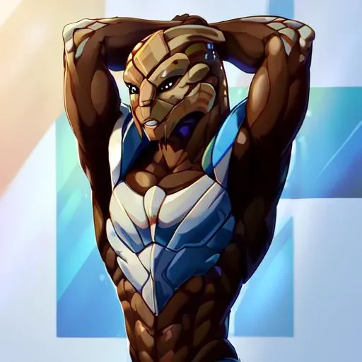 8k, ((masterpiece)),best quality, (max quality),high resolution,high details,max details, <lora:Turian:1> a turian with (brown skin with white accent and white facemarkings) lifting his arms