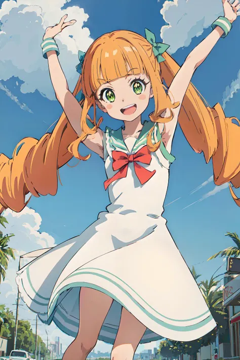 masterpiece, Composition with perspective, face and face straight ahead, from bellow, (stretch both arms out diagonally), kick right leg forward, 1girl, pov, pomponette, blunt bangs, twintails, green eyes, hair bow, white dress, sailor collar, smile, open mouth, loud, standing, open legs,
streets of Hollywood city background, blue sky background,
<lora:pomponette:0.6>