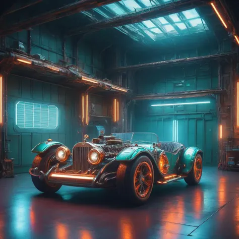 futuristic car, in space hangar, dim light, neon lights from the top, high reflection, ste4mpunk<lora:ste4mpunk:0.8>