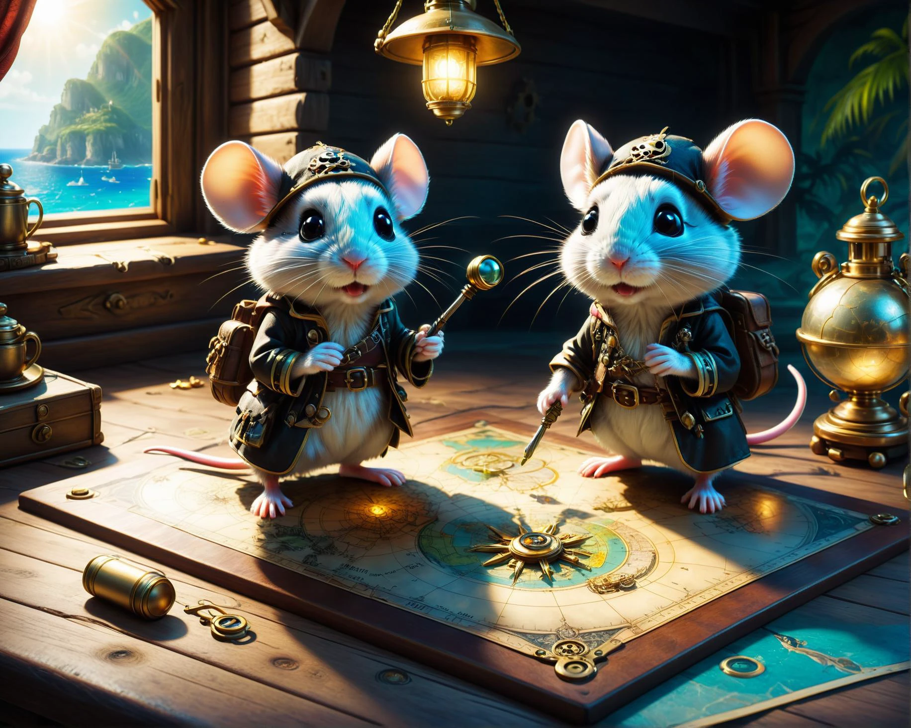 disney pixar sytle, masterpiece, two cute (husband and wife) mouse pirate friends, break, both standing on an ancient weathered map of a mystical pirate island in the carribbean, boys own adventure, dramatic lighting, noon shadows, way to a hidden treasure marked on map, lying on a wooden table, magnifying glass, extremely detailed, 4k, hdr, <lora:ste4mpunk:0.6> ste4mpunk, <lora:SDXLFaeTastic2400:0.8>