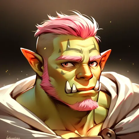 score_9, score_8_up, score_7_up, score_4, score_5, score_6, male, orc, pink hair, facial hair, clothes, masculine, portrait