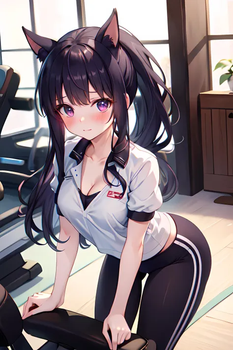 (((masterpiece))),highres,absurdres,(((best quality))),official art,looking at viewer,indoors,leaning forward,1girl,kasumiprcn,dog ears,animal ear fluff,ponytail,gym uniform,cleavage,yoga pants,
blush,embarrassed,<lora:KasumiPriconne-08:0.8>,