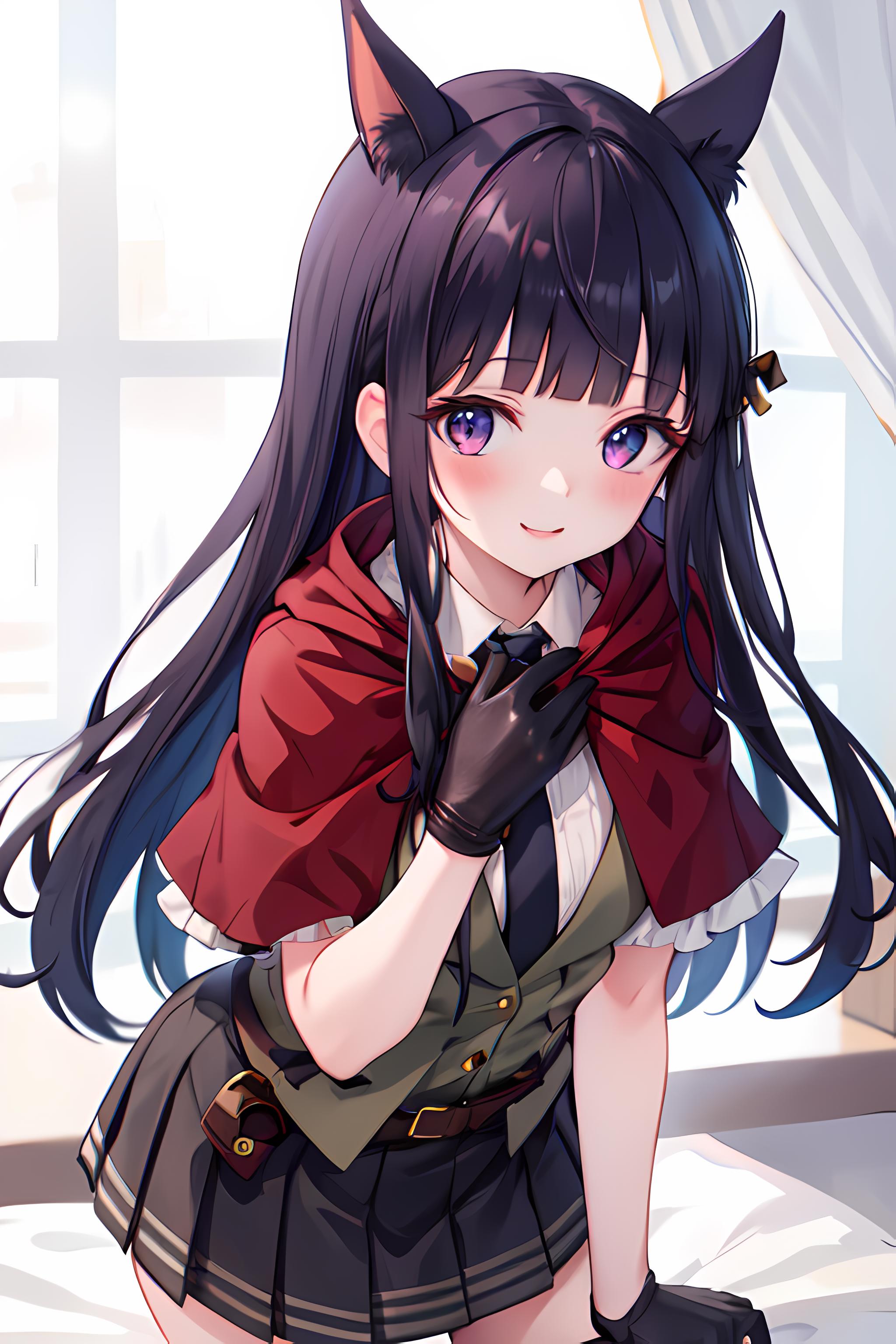 Anime girl with long black hair and cat ears - SeaArt AI