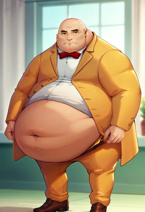 score_9, score_8_up, score_7_up, solo, male focus, 1boy, p5principal, fat man, obese, expressionless, looking at viewer, saggy belly, big belly, bald, open clothes, yellow jacket, formal, white shirt, red bow tie, belt, yellow pants, brown shoes <lora:p5kobayakawa-pdxl-nvwls-v1:1> <lora:spsaggyBellyXLPony:1>