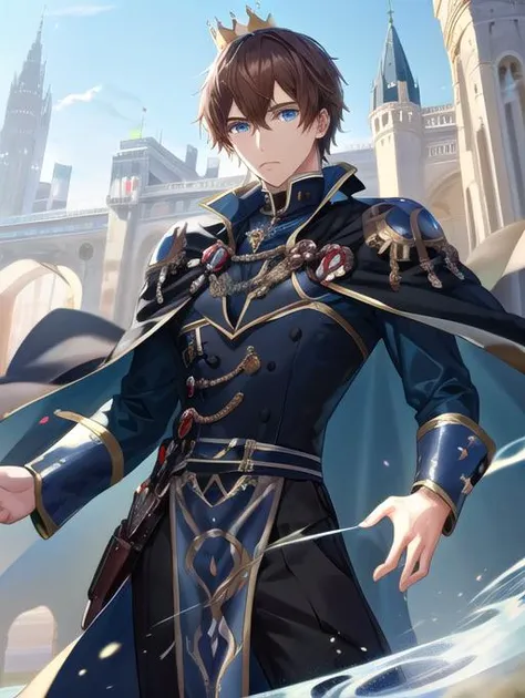 best quality, masterpiece, highres, detailed, perfect anatomy,  <lora:Detail - add_detail:0.2>,   <lyco:Change - PrinceCh:0.8>, princech, cape, black pants, fancy clothes,  1man,  <lora:JaceM:0.8>, brown hair, black pants, dress shirt, JaceMind, Blue eyes, magic, outdoors, crown,