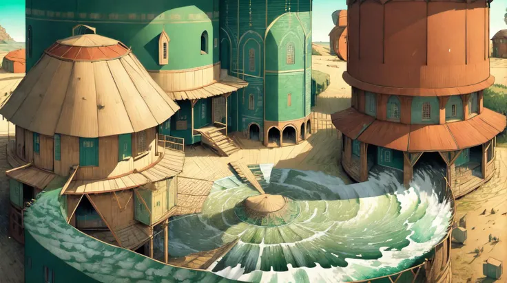 Plains nomads yurts windmills wheat <lora:kLabyrinth:0.9>, intricate, detailed, ((Seafoam green color toned):0.3), masterpiece concept art, hand drawn, cinematic sensual, Sharp focus, big depth of field, concept art, Vivid colors, Simplified style, Vibrant colors, Soft Shading, Playful