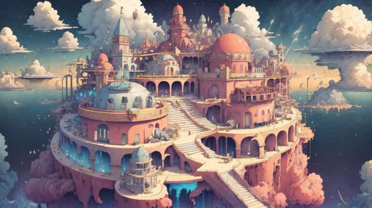 Sky floating islands observatories telescopes clouds <lora:kLabyrinth:0.9>, intricate, detailed, ((Olive color toned):0.3), masterpiece concept art, hand drawn, cinematic sensual, Sharp focus, big depth of field,  concept art, Vivid colors, Simplified style, Vibrant colors, Soft Shading, Playful