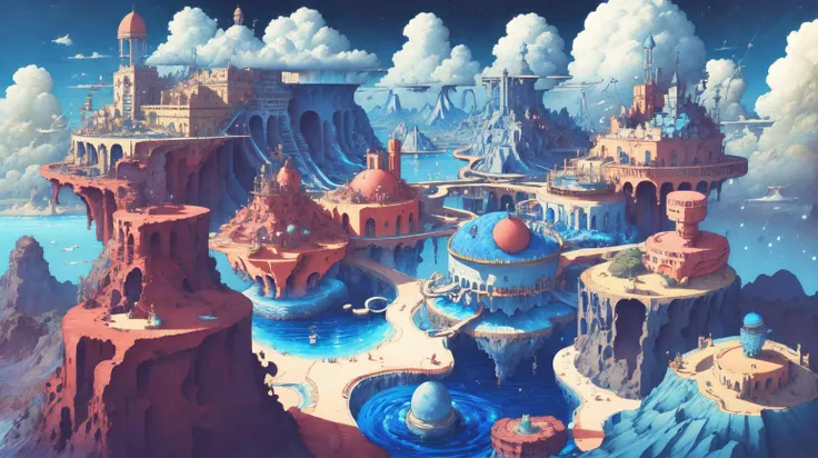 Sky floating islands observatories telescopes clouds <lora:kLabyrinth:0.9>, intricate, detailed, ((Prussian blue color toned):0.3), masterpiece concept art, hand drawn, cinematic sensual, Sharp focus, big depth of field, concept art, Vivid colors, Simplified style, Vibrant colors, Soft Shading, Playful