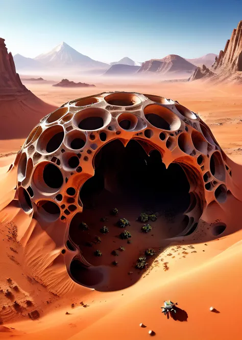 Picture a landscape on Mars with sandy deserts and towering mountains with holes. numerous caves, nest, bees nest, insect nest. liquid chemicals, rivers, lakes, island. background levatitaing rocks, gothic vibe organic shapes, nest of aliens, nest of insects, Trypophobia, organic shapes, organic buildings
<lora:kLabyrinth:0.50>, 
<lora:add-detail-xl:1.00>, 
<lora:SDXL_macro_Sa_May:0.50>, 
<lora:xl_more_art-full_v1:0.50>,