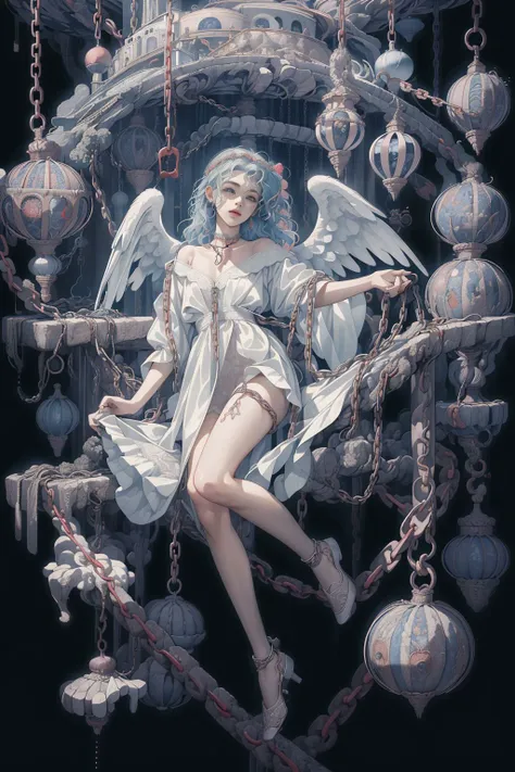 (masterpiece, best quality, high quality, highres, ultra-detailed),kLabyrinth,(too many chain:1.3), bondage, <lora:kLabyrinth:0.9>,1girl,angel,pretty face, (underwear only) ,full body,
