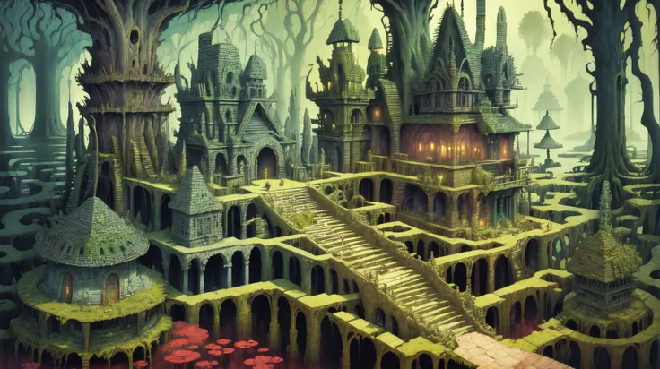 Marshes swamp-dwellers hovels altars mist <lora:kLabyrinth:0.9>, intricate, detailed, ((Jade color toned):0.3), masterpiece concept art, hand drawn, cinematic sensual, Sharp focus, big depth of field, concept art, Vivid colors, Simplified style, Vibrant colors, Soft Shading, Playful