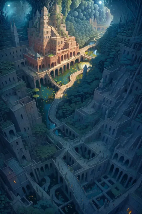 <lora:kLabyrinth:0.8> , <lora:BabelStyle_v003:0.8>, high angle, Labyrinth, hanging gardens of babylon at night, pond, mud, godrays, water lilies, reeds, fireflies, vivid color, three point perspective, cinematic lighting, intricate detail