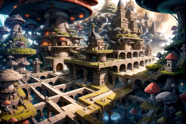 masterpiece, Labyrinth, (giant mushrooms:1.2),mushroom buildings,moss,overgrown,towers,kLabyrinth,smoke,fires,chimney,godrays <lora:kLabyrinth:1>
