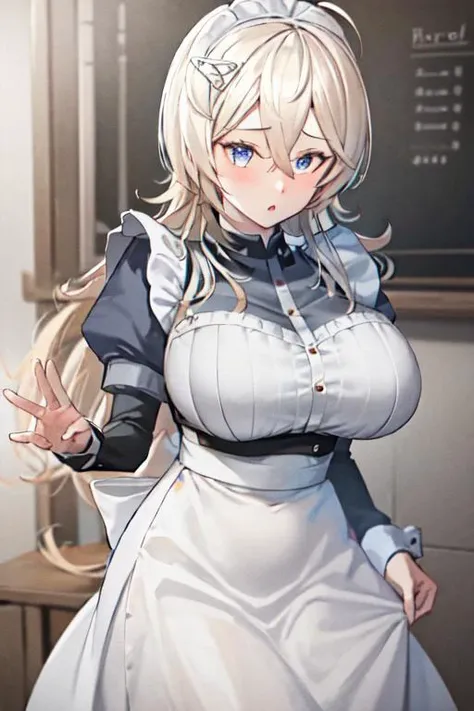 Best illustrations、Cute Maid Girl、ONE boy、Standing Boy、Crouching in front of the boy、Blonde ponytail、Best Style、ahegao、penis、pussy、Very large breasts、super big breast、blush、Embarrassing、