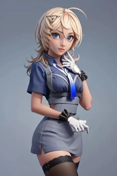 1girl, solo, tuscaloosakc, triangle hairclip, grey skirt, blue top, large breasts, blue eyes, necktie, white gloves, thighhighs, long hair, short sleeves<lora:TuscaloosaKCLora-07:1>,