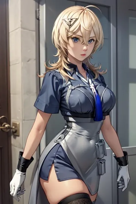 1girl, solo, tuscaloosakc, triangle hairclip, grey skirt, blue top, large breasts, blue eyes, necktie, white gloves, thighhighs, long hair, short sleeves<lora:TuscaloosaKCLora-07:1>,