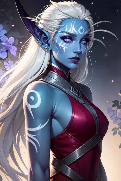 (masterpiece:1.2), (best quality:1.2), perfect eyes, perfect face, volumetric lighting, 1girl, mature female shenightborne, purpleskin, athletic, glowing eyes, tattoo, facepaint, dress, long hair, white hair, jewelry, earrings, silver, fantasy, detailed outdoor background, night, thick eyelashes  <lora:sxzNightborneWarcraft_nightborne:1>