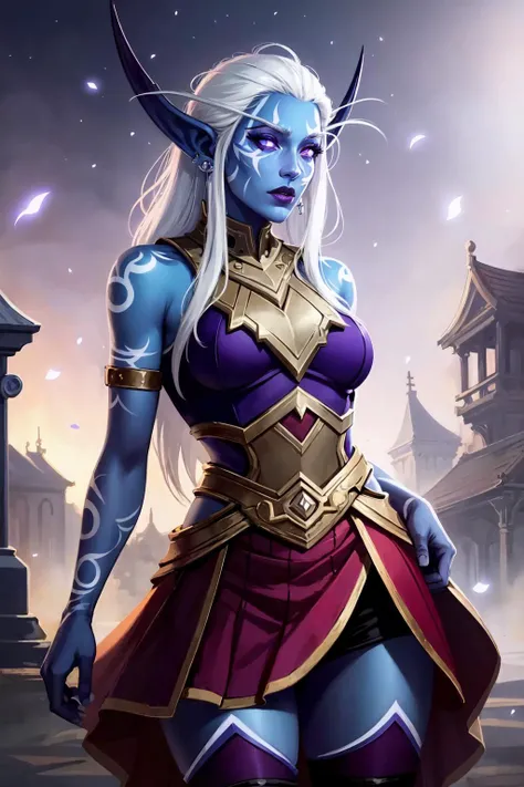 (masterpiece:1.2), (best quality:1.2), perfect eyes, perfect face, volumetric lighting, 1girl, mature female shenightborne, purpleskin, athletic, glowing eyes, tattoo, facepaint, dress, stockings, garters, belt, long hair, white hair, jewelry, earrings, silver, fantasy, detailed outdoor background, night, thick eyelashes <lora:sxzNightborneWarcraft_nightborne:1>