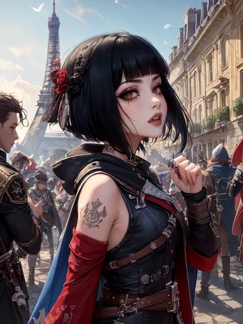 best quality, masterpiece,  jp-GG1-800 1girl,  (bloody scars:0.7), looking up, solo, from side, side view, (full body:0.6), detailed background, Paris,  french tricolor flag, french revolution theme,  assassins creed,  assassin,  gray tattered leather assassin clothes,  cloak, leather pouches,  straps, undercover, dynamic pose, fighting, castle walls in background,  dirt,  <lora:detail_slider_v4:2>