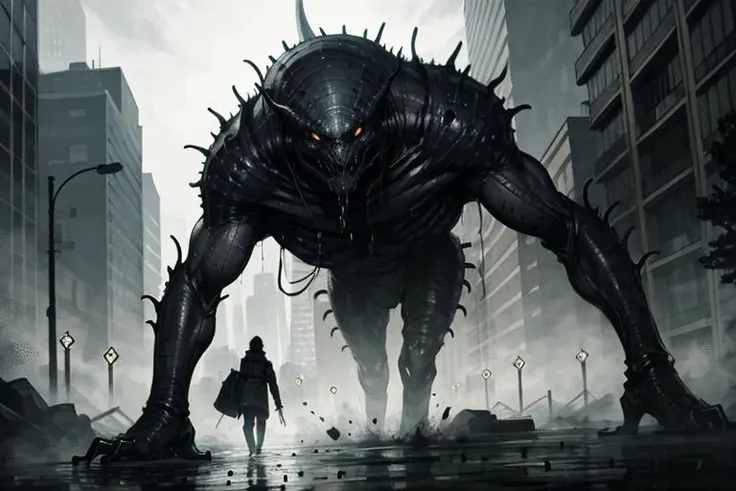 (photorealistic)(masterpiece)(best quality)(pitch black night),giant eldrich monster walking the city,(slimey wet pale skin),faded colors,creepy ,eerie, <lora:arielp_v10:.6>