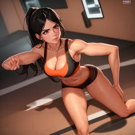 1girl, solo, stephgonz training in the gym, wearing orange yoga pants, stilettos, dynamic pose, perfectly shaded, gym background, cleavage, curvy, alluring, sexy, provocative, sweat, wet, key visual, illustration, studio quality, highly detailed, raytracing, 8k uhd, analog photo, arnold render, reflections, refractions, indoors gym,