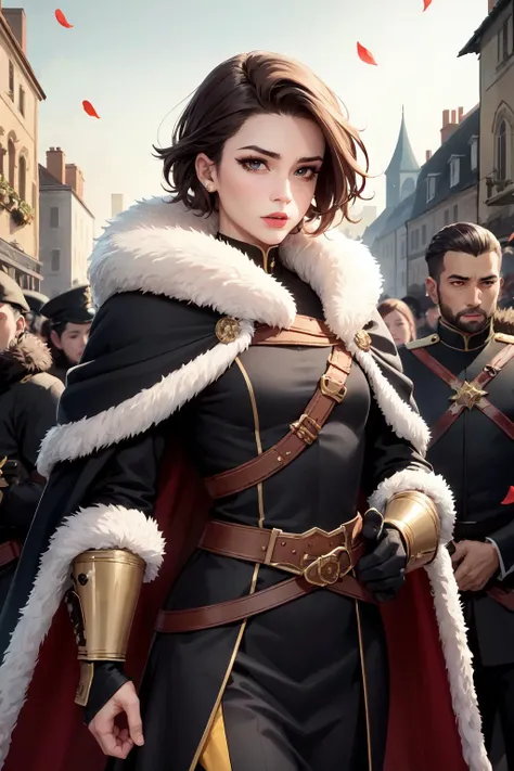 (masterpiece:1.2), (best quality:1.2), perfect eyes, perfect face, volumetric lighting, 1girl, tall mature female commander marching in medieval street, muscular, short hair, slick back hair, ceremonial armor, military pauldrons, gauntlets, cloak, belt, fur, pants, stern expression, makeup, lipstick, eyeshadow, mascara, thick eyelashes, dark fantasy, outdoor, detailed medieval city background, falling petals, cheering crowd