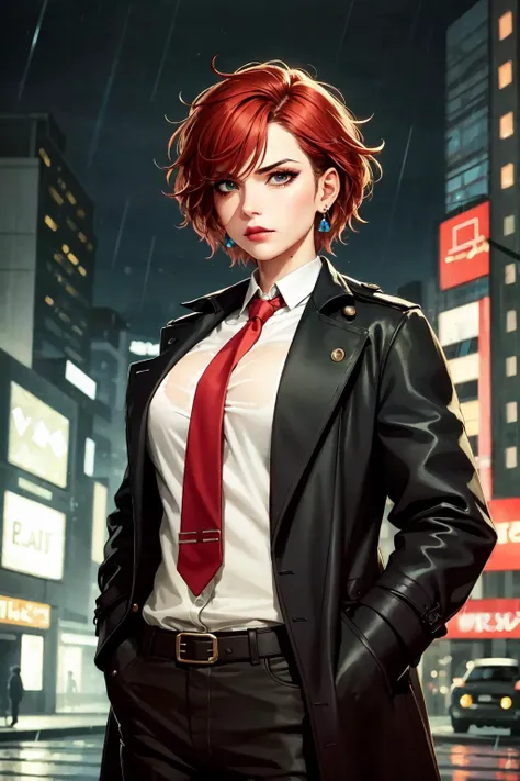 (masterpiece:1.2), (best quality:1.2), perfect eyes, perfect face, volumetric lighting, 1girl, from above, top angle, dramatic angle, mature female detective, muscular, hands in pockets, MILF, wet red hair, short hair, messy hair, (long black trenchcoat), buttoned shirt, pants, belt, necktie, concentration, frowning, in the street, tall building, night, neon signs, rain, grey sky, dramatic lighting, lipstick, eyeshadow, thick eyelashes, earrings