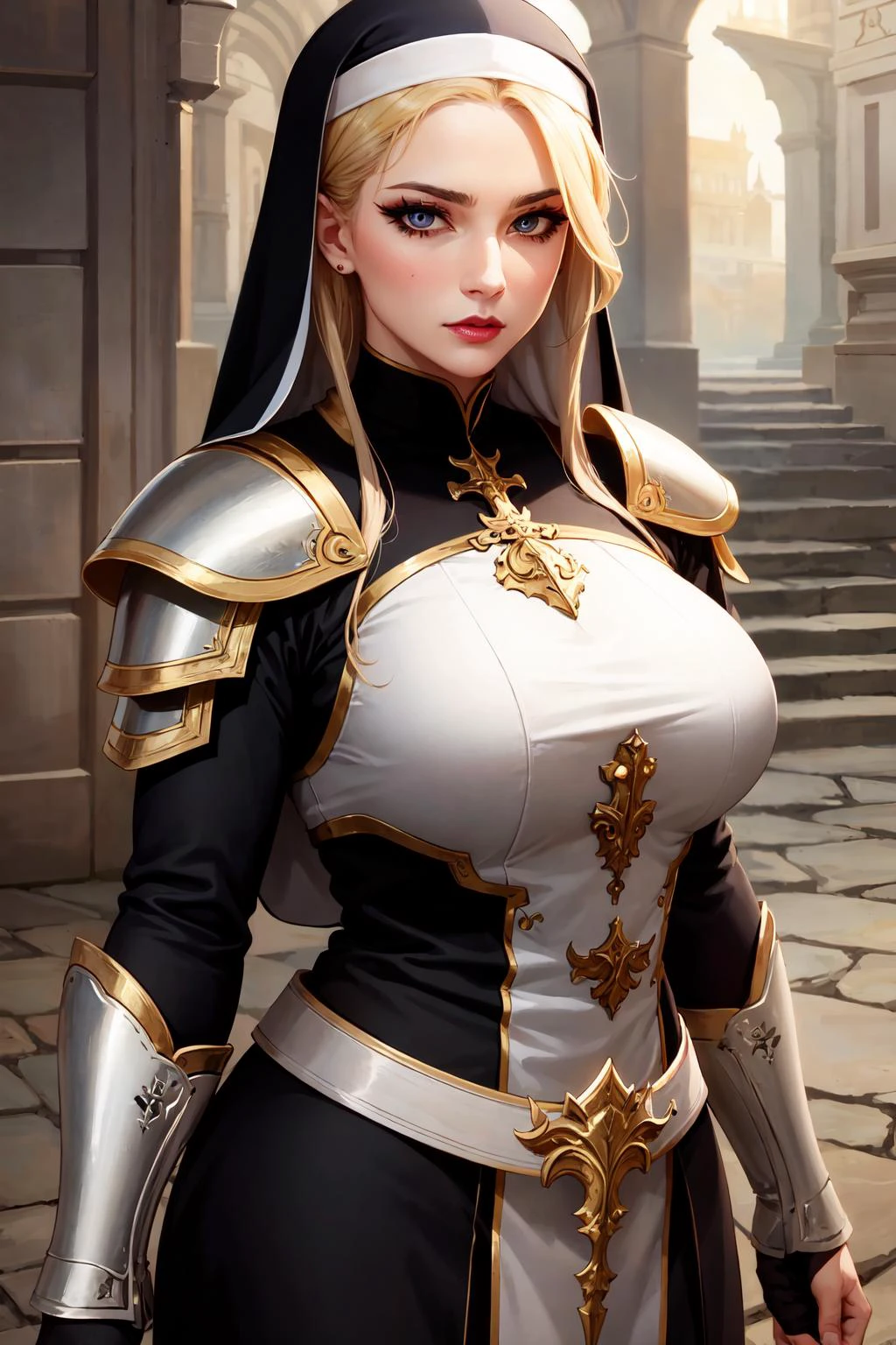 (masterpiece:1.2), (best quality:1.2), perfect eyes, perfect face, volumetric lighting, 1girl, mature female warrior nun, MILF, armor, robe, blonde hair, pauldron, sword, belt, stern expression, fantasy, outdoor, detailed background, makeup, lipstick, eyeshadow, mascara, thick eyelashes