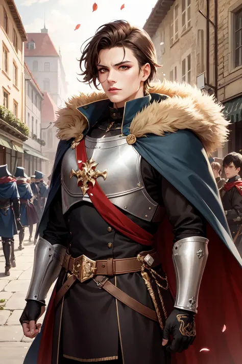 (masterpiece:1.2), (best quality:1.2), perfect eyes, perfect face, volumetric lighting, 1girl, tall mature female commander marching in medieval street, muscular, short hair, slick back hair, ceremonial armor, military pauldrons, gauntlets, cloak, belt, fur, pants, stern expression, makeup, lipstick, eyeshadow, mascara, thick eyelashes, dark fantasy, outdoor, detailed medieval city background, falling petals, cheering crowd