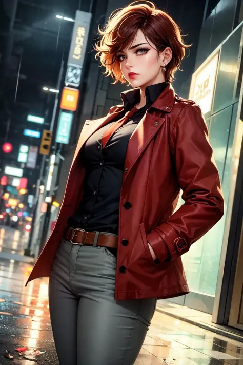 (masterpiece:1.2), (best quality:1.2), perfect eyes, perfect face, volumetric lighting, 1girl, from above, top angle, dramatic angle, mature female detective, muscular, hands in pockets, MILF, wet red hair, short hair, messy hair, (long black trenchcoat), buttoned shirt, pants, belt, necktie, concentration, frowning, in the street, tall building, night, neon signs, rain, grey sky, dramatic lighting, lipstick, eyeshadow, thick eyelashes, earrings