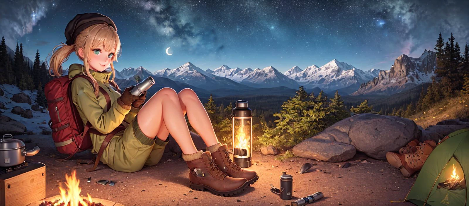 masterpiece, best quality, ultra-detailed, illustration, 1girl, solo, outdoors, camping, night, mountains, nature, stars, moon, bonfire, tent, twin ponytails, green eyes, cheerful, happy, backpack, sleeping bag, camping stove, water bottle, mountain boots, gloves, sweater, hat, flashlight, forest, rocks, river, wood, smoke, shadows, contrast, clear sky, constellations, Milky Way, peaceful, serene, quiet, tranquil, remote, secluded, adventurous, exploration, escape, independence, survival, resourcefulness, challenge, perseverance, stamina, endurance, observation, intuition, adaptability, creativity, imagination, artistry, inspiration, beauty, awe, wonder, gratitude, appreciation, relaxation, enjoyment, rejuvenation, mindfulness, awareness, connection, harmony, balance, texture, detail, realism, depth, perspective, composition, color, light, shadow, reflection, refraction, tone, contrast, foreground, middle ground, background, naturalistic, figurative, representational, impressionistic, expressionistic, abstract, innovative, experimental, unique