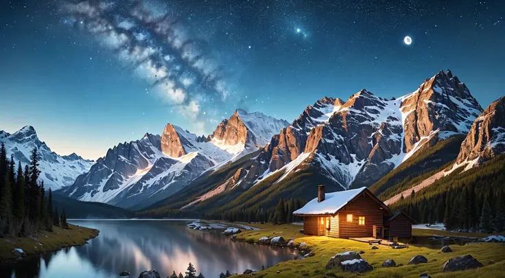 masterpiece, best quality, ultra-detailed, illustration, outdoors, night, mountains, one wooden cabin, nature, stars, moon, mountain forest, rocks, river, wood, smoke, shadows, contrast, clear sky, constellations, Milky Way, peaceful, serene, quiet, tranquil, remote, secluded, adventurous, exploration, escape, independence, survival, resourcefulness, challenge, perseverance, stamina, endurance, observation, intuition, adaptability, creativity, imagination, artistry, inspiration, beauty, awe, wonder, gratitude, appreciation, relaxation, enjoyment, rejuvenation, mindfulness, awareness, connection, harmony, balance, texture, detail, realism, depth, perspective, composition, color, light, shadow, reflection, refraction, tone, contrast, foreground, middle ground, background, naturalistic, figurative, representational, impressionistic, expressionistic, abstract, innovative, experimental, unique