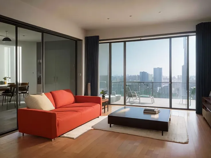 studio, modernism, hyper-realistic design, sofa, open view, interior design, digital, illustration, architecture, home, peaceful, beautiful, cozy