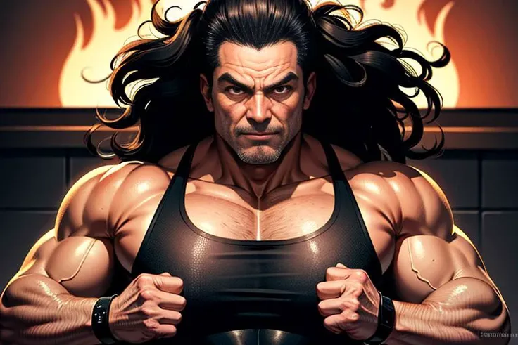 (monster eyes)(masterpiece:1.2)(award winning portrait)(angry gaze) of a vicious looking 50 years old,yujiro hanma from baki series netflix,demonic smile, brutuly ripped physique body,vicious smile,craving for a fight,(red medium long hair:1),cinematic lighting ,hd,Keisuke Itagaki art style