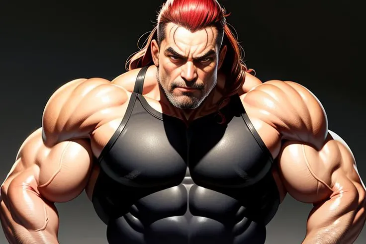 (beautiful eyes)(masterpiece:1.2)(award winning portrait)(angry gaze) of a vicious looking 50 years old,yujiro hanma from baki series netflix,demonic back, brutuly ripped physique body,vicious smile,craving for a fight,red mrdium long hair,cinematic lighting ,hd,