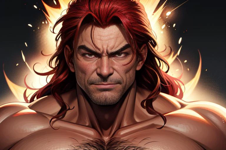 (red hair:1)(monster eyes ,Angry brows)(masterpiece:1.2)(award winning portrait)(angry gaze),serious agreesive face of a vicious looking 50 years old,yujiro hanma from baki series netflix,demonic smile, brutuly ripped physique body,vicious smile,craving for a fight,( medium long hair:1),cinematic lighting ,hd,Keisuke Itagaki art style