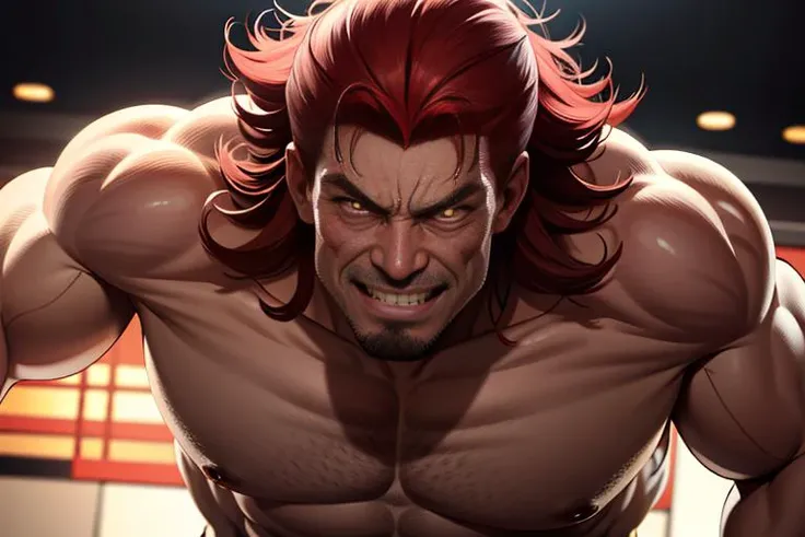 (red hair:1)(monster eyes ,Angry brows)(masterpiece:1.2)(award winning portrait)(angry gaze),serious agreesive face of a vicious looking 50 years old,yujiro hanma from baki series netflix,demonic smile, brutuly ripped physique body,vicious smile,craving for a fight,( medium long hair:1),cinematic lighting ,hd,Keisuke Itagaki art style