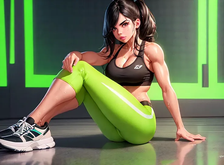 1girl, solo, stephgonz training in the gym, wearing lime green yoga pants, sneakers, dynamic pose, perfectly shaded, gym background, cleavage, curvy, alluring, sexy, provocative, sweat, wet, key visual, illustration, studio quality, highly detailed, raytracing, 8k uhd, analog photo, arnold render, reflections, refractions, indoors gym,